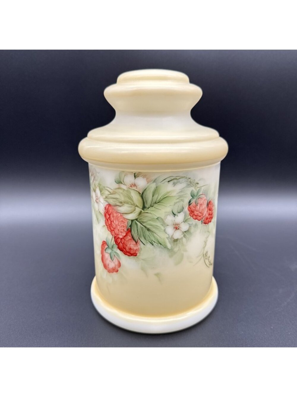 Vintage Milkglass Handpainted Floral Raspberries Signed Apothecary Canister Jar